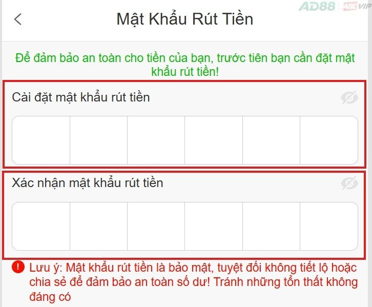 Cài đặt mật khẩu rút tiền AD88