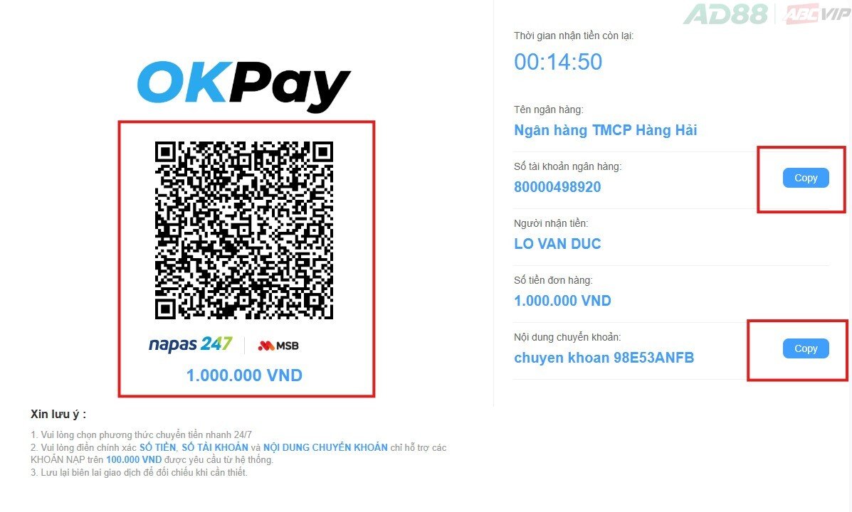 Nạp tiền AD88 bằng cách quét mã QR 3