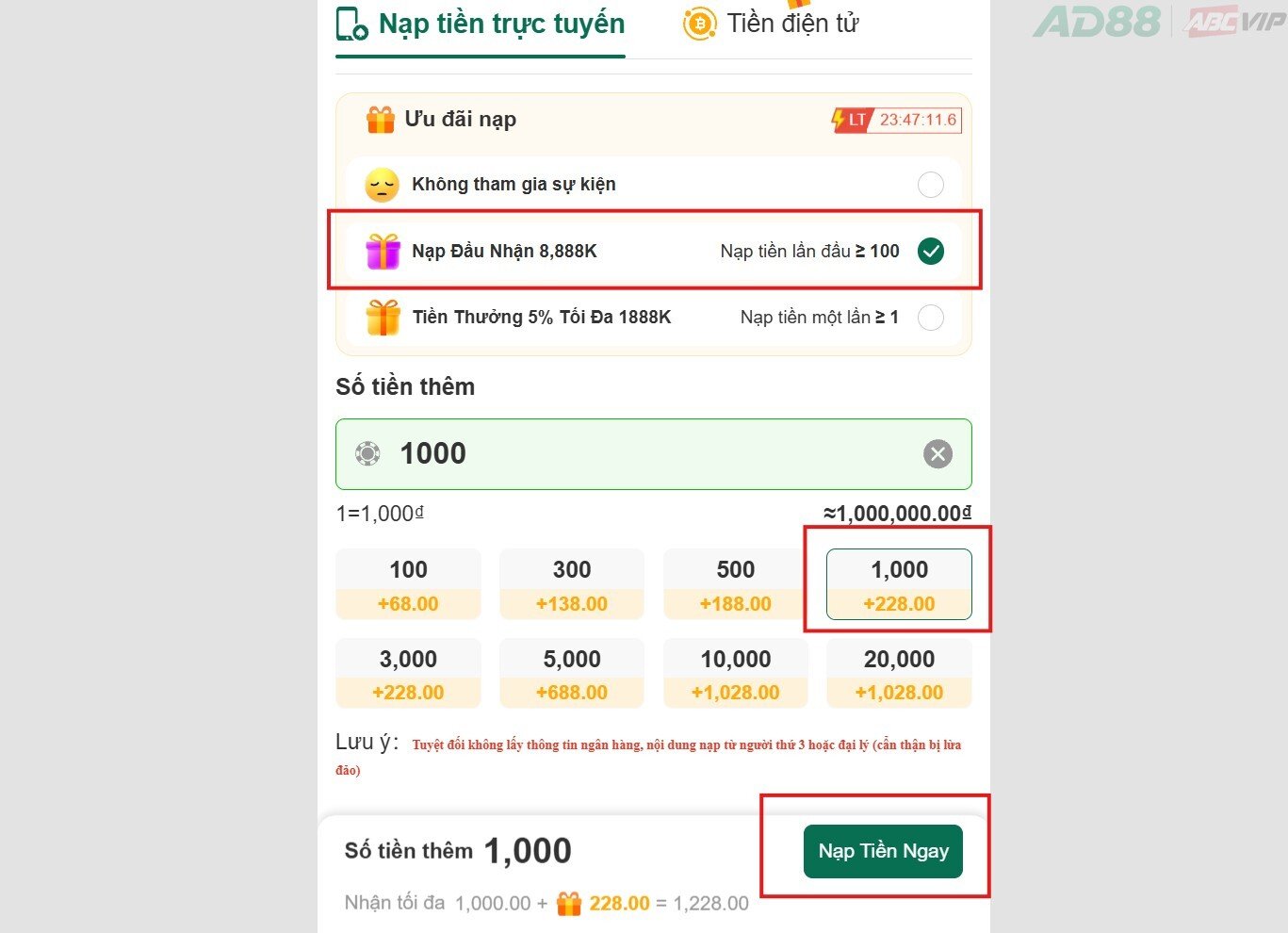 Nạp tiền AD88 bằng cách quét mã QR ngân hàng 2