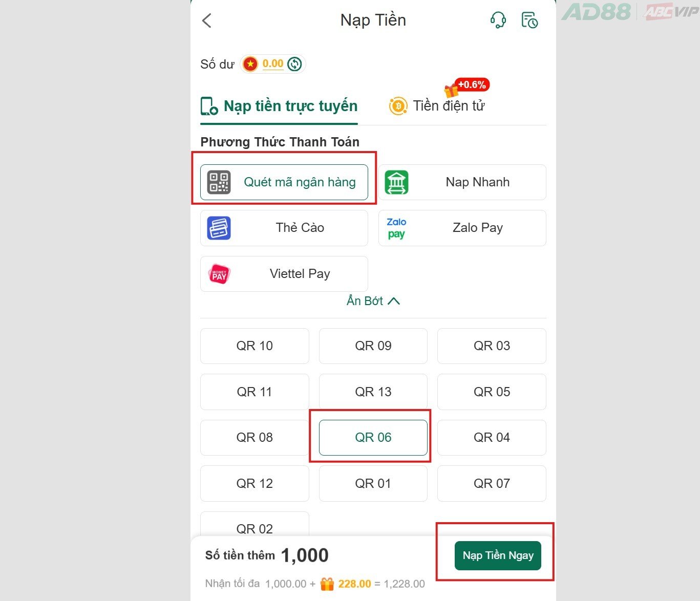 Nạp tiền AD88 bằng cách quét mã QR ngân hàng