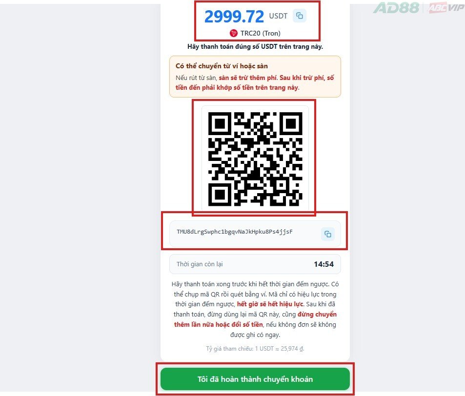 Nạp tiền AD88 bằng tiền điện tử USDT 2