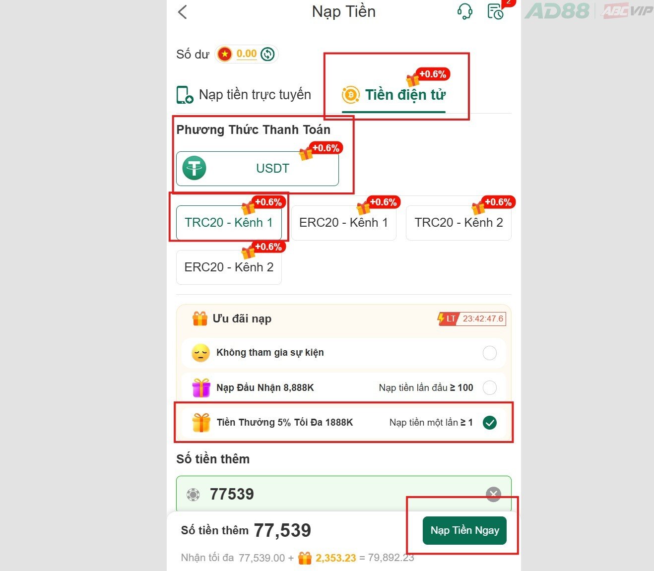 Nạp tiền AD88 bằng tiền điện tử USDT