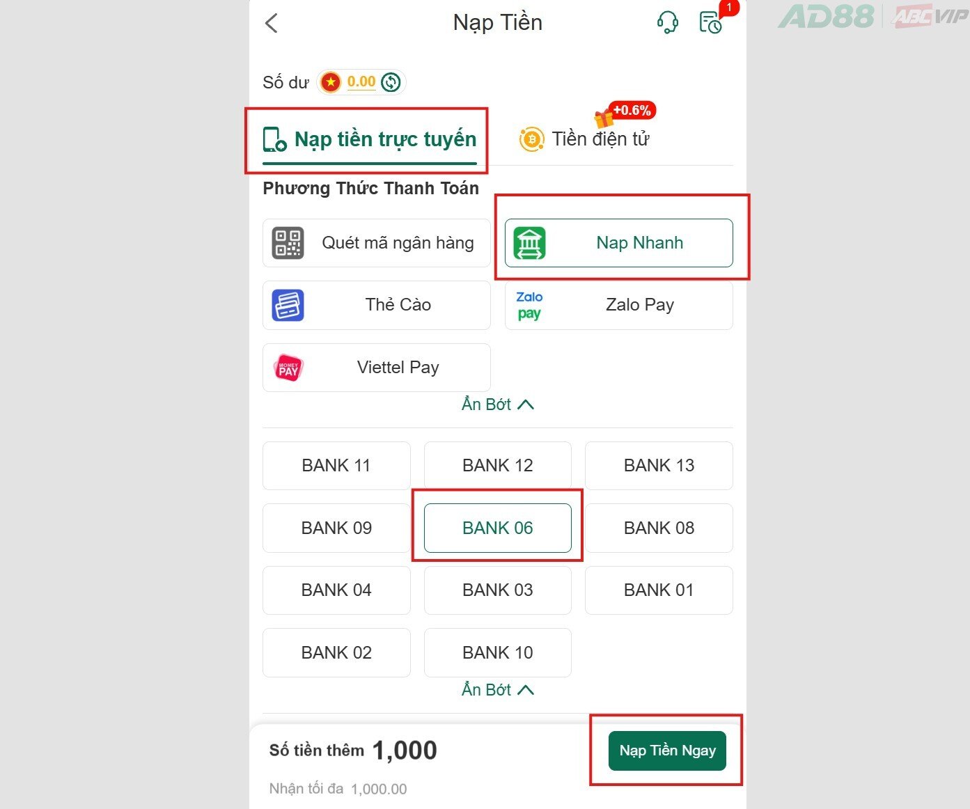 Nạp tiền AD88 nạp nhanh qua ngân hàng 1