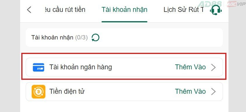 Thêm tài khoản ngân hàng AD88 nhận tiền