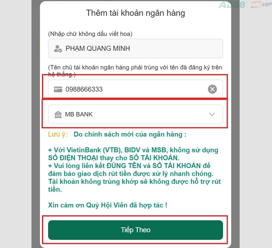 Thêm tài khoản ngân hàng AD88 