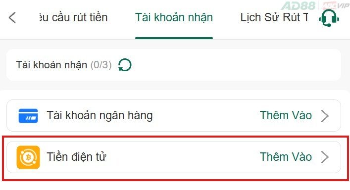 Thêm tài khoản tiền điện tử AD88 1