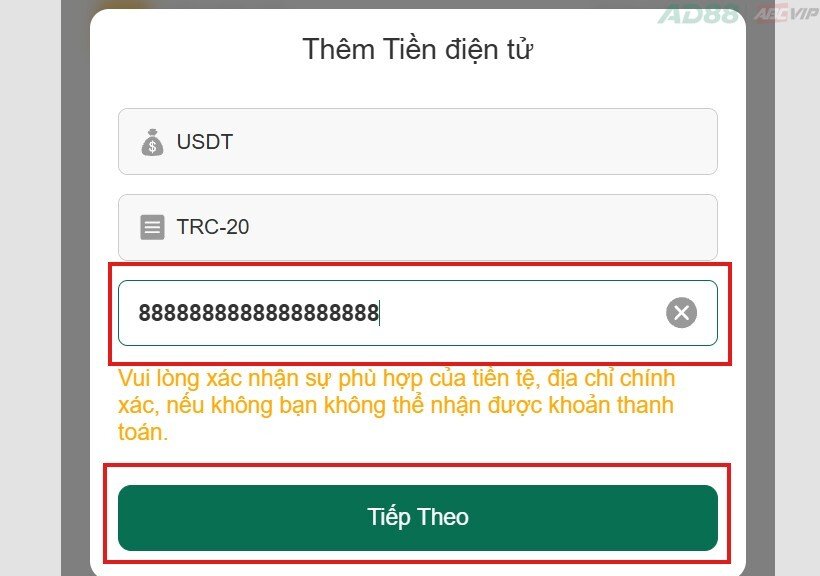 Thêm tài khoản tiền điện tử AD88 2